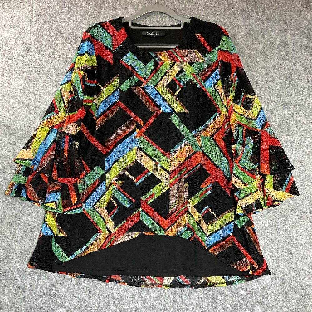 Calessa Shirt Womens Medium Black Abstract Relaxed Artsy Capsule Boho Top Blouse